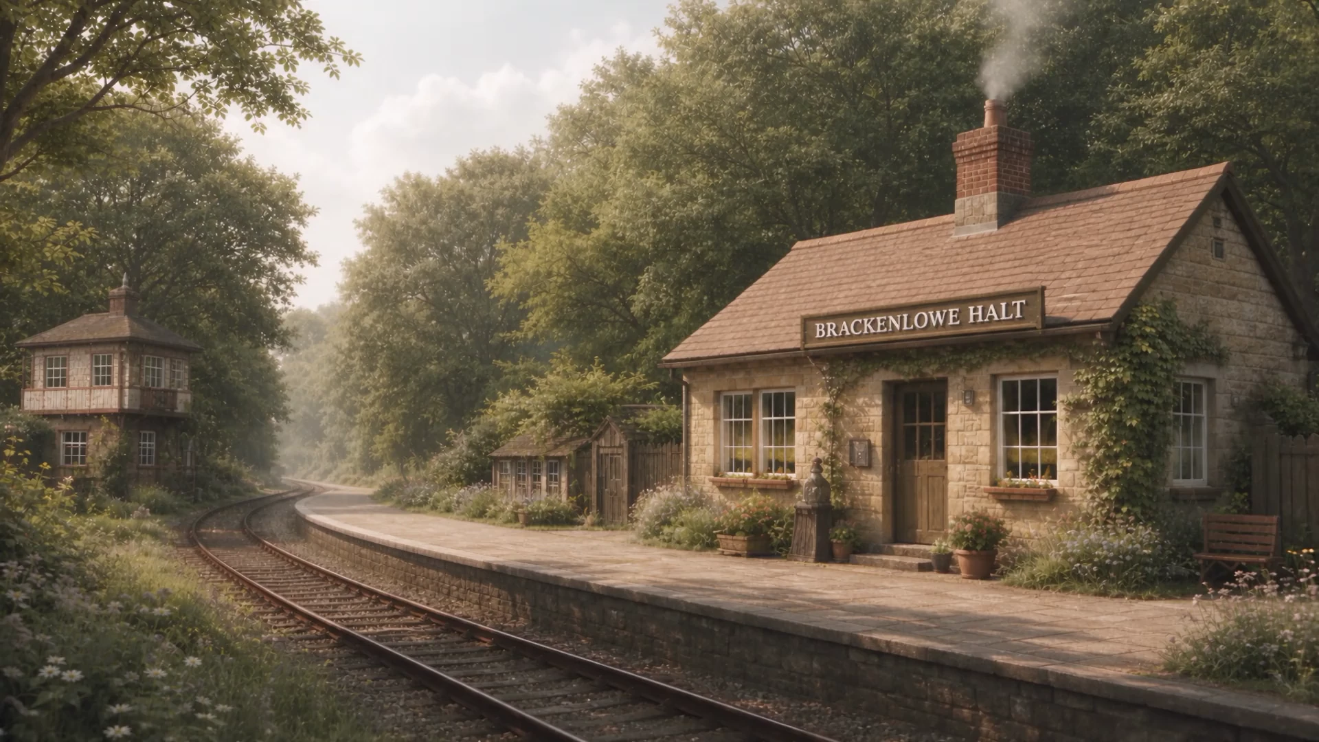 Brackenlowe Halt station in warm afternoon light, beside the railway, trees and flowers.